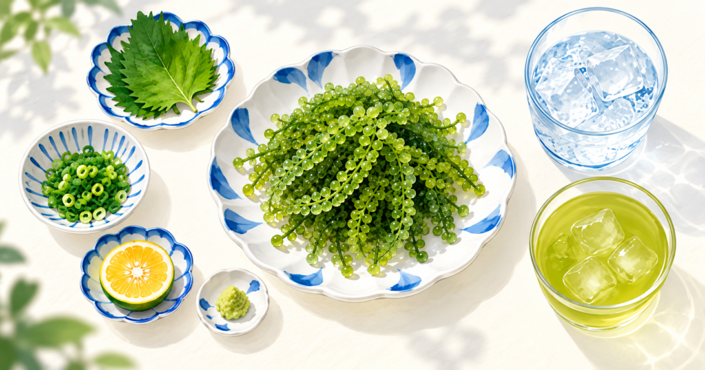 海ぶどうに合う薬味と泡盛やお茶などの飲み物の楽しみ方を紹介するAI生成イラスト。