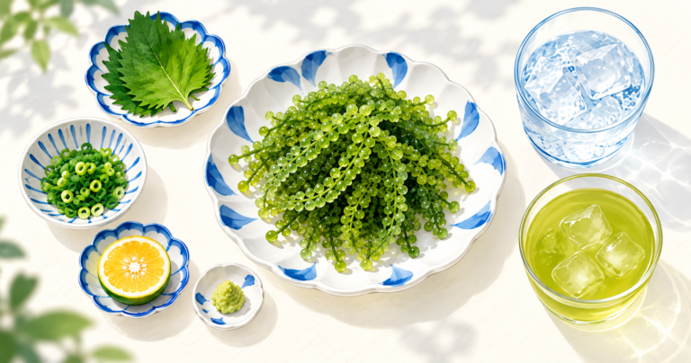 海ぶどうに合う薬味と泡盛やお茶などの飲み物の楽しみ方を紹介するAI生成イラスト。