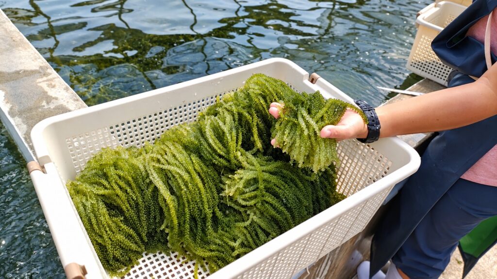 養殖水槽のそばで、収穫した海ぶどうをかごから手に取る様子
